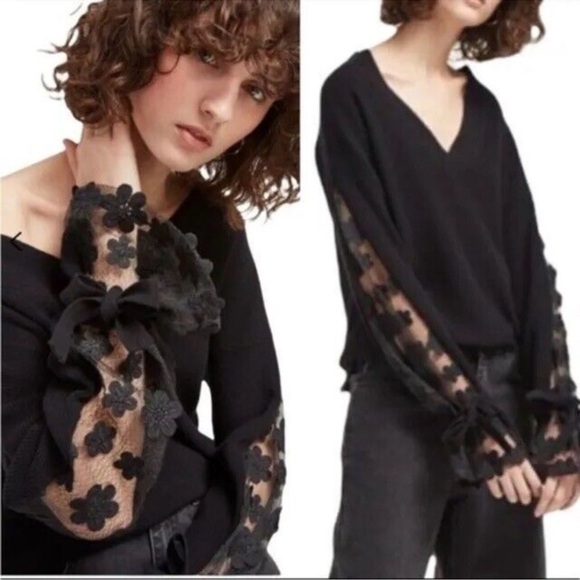 French Connection Black Sweater with Sheer Floral Sleeves - Picture 1 of 4